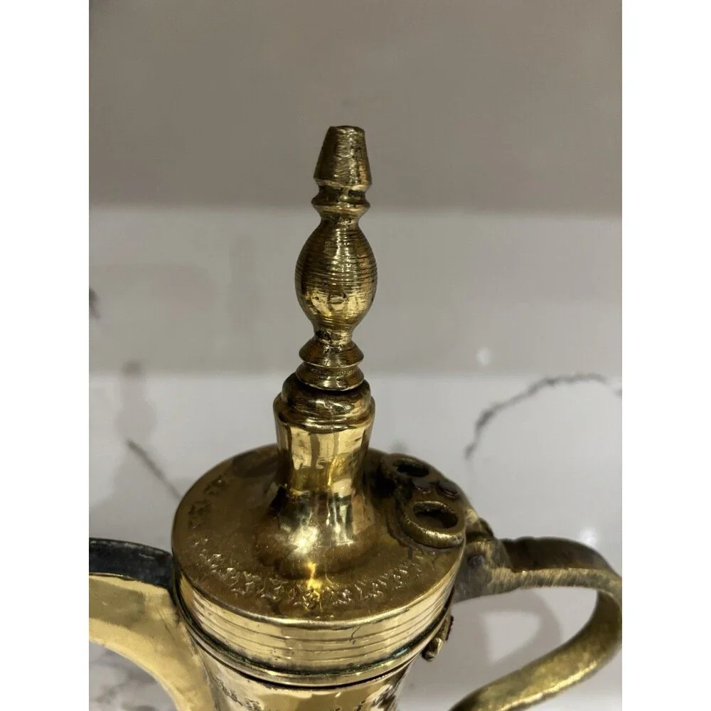 VINTAGE INDIAN BRASS TURKISH DALLAH ARABIC COFFEE EWER. HAND ENGRAVED. 12” TALL